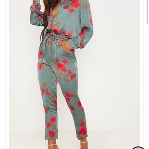 Green Floral Print Cigarette Pants and shirt